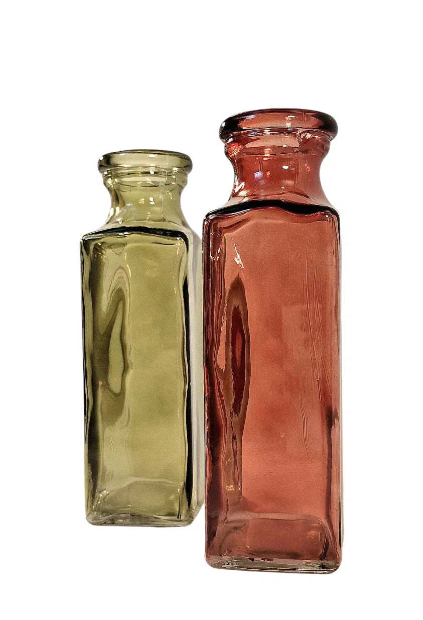 Set of 2 Red & Green Coloured Rectangle Glass Vase's 25cm - Price Crash Furniture