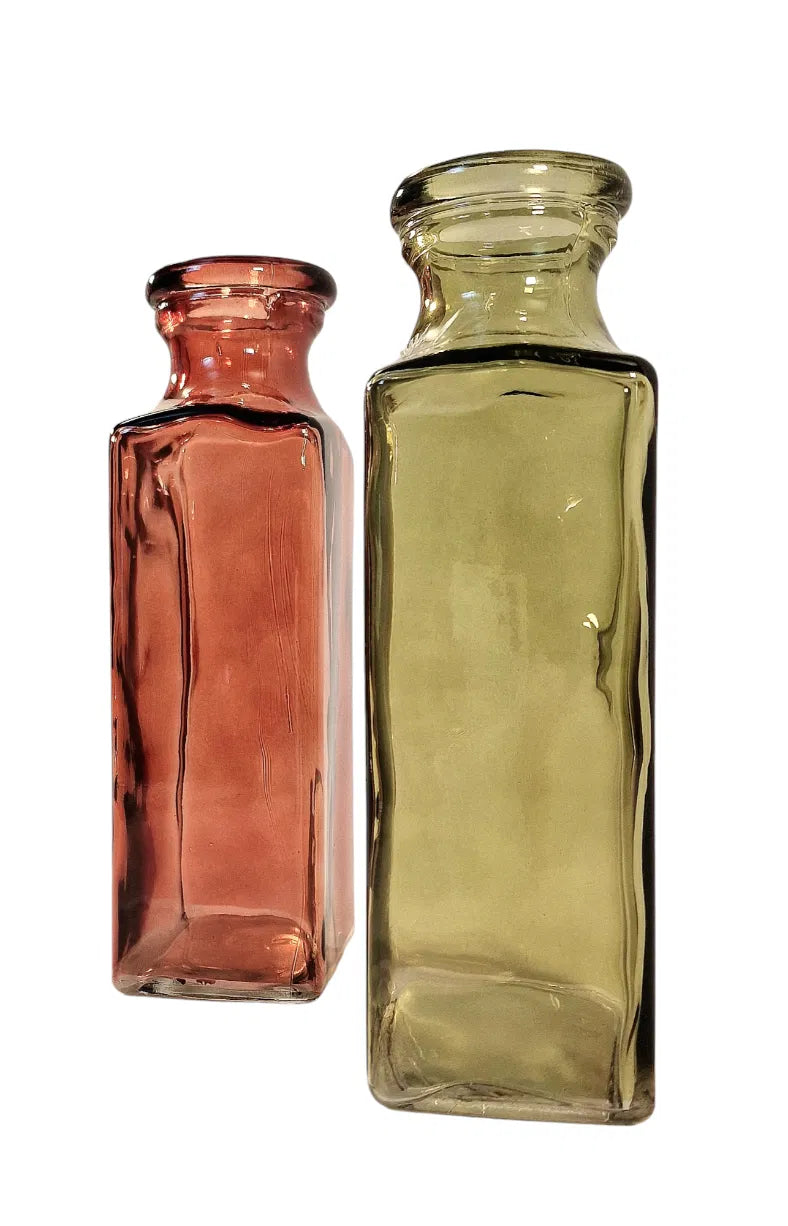 Set of 2 Red & Green Coloured Rectangle Glass Vase's 25cm - Price Crash Furniture