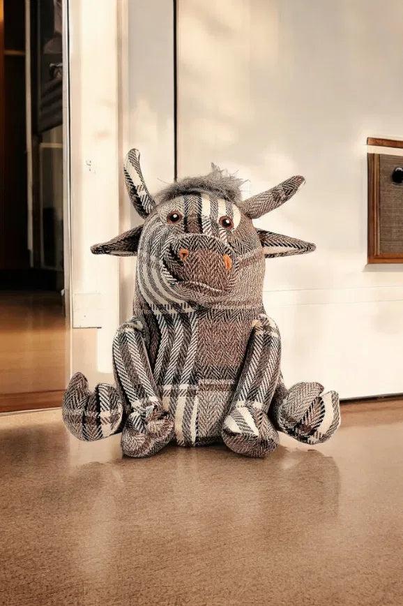 Grey Fabric Tartan Bull Doorstop 30cm - Price Crash Furniture