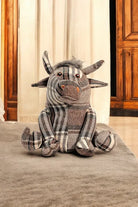 Grey Fabric Tartan Bull Doorstop 30cm - Price Crash Furniture