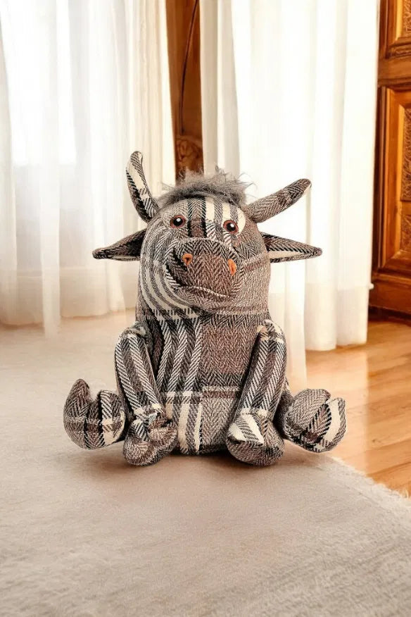 Grey Fabric Tartan Bull Doorstop 30cm - Price Crash Furniture