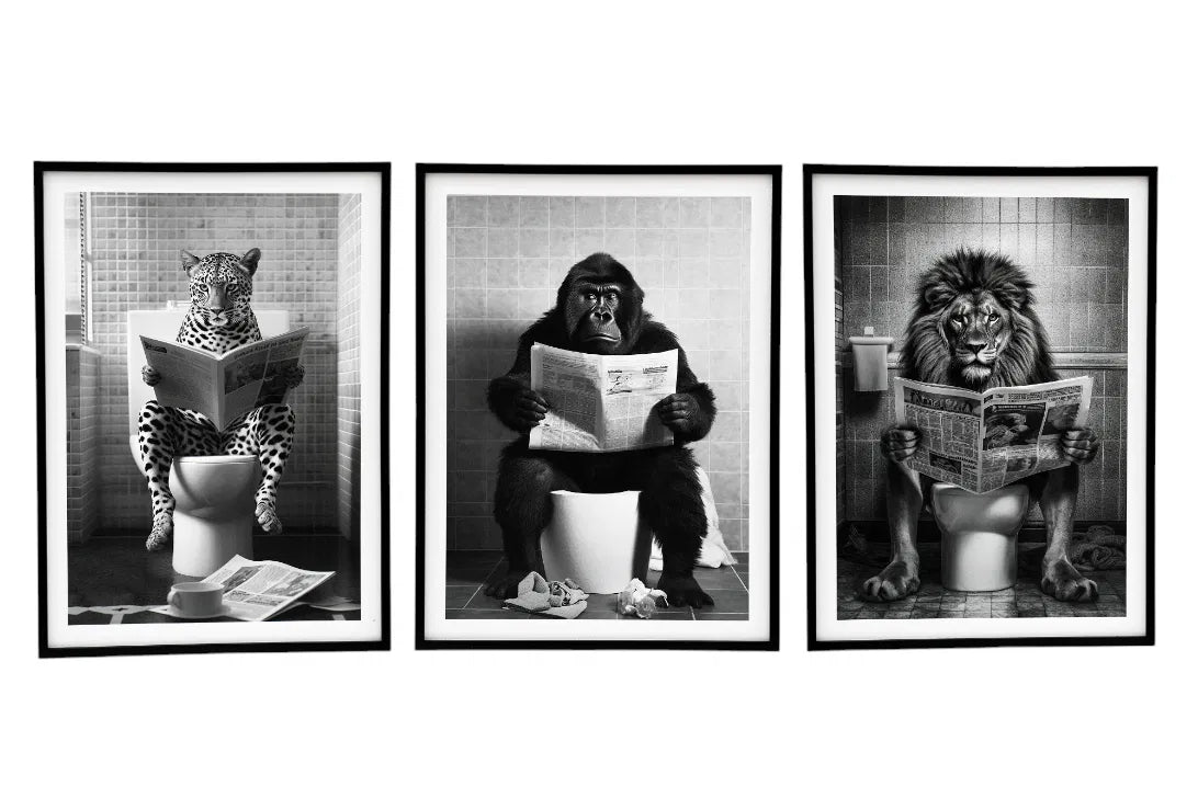 Set of 3 Animal's On The Toilet Framed Canvas 45x60cm - Price Crash Furniture