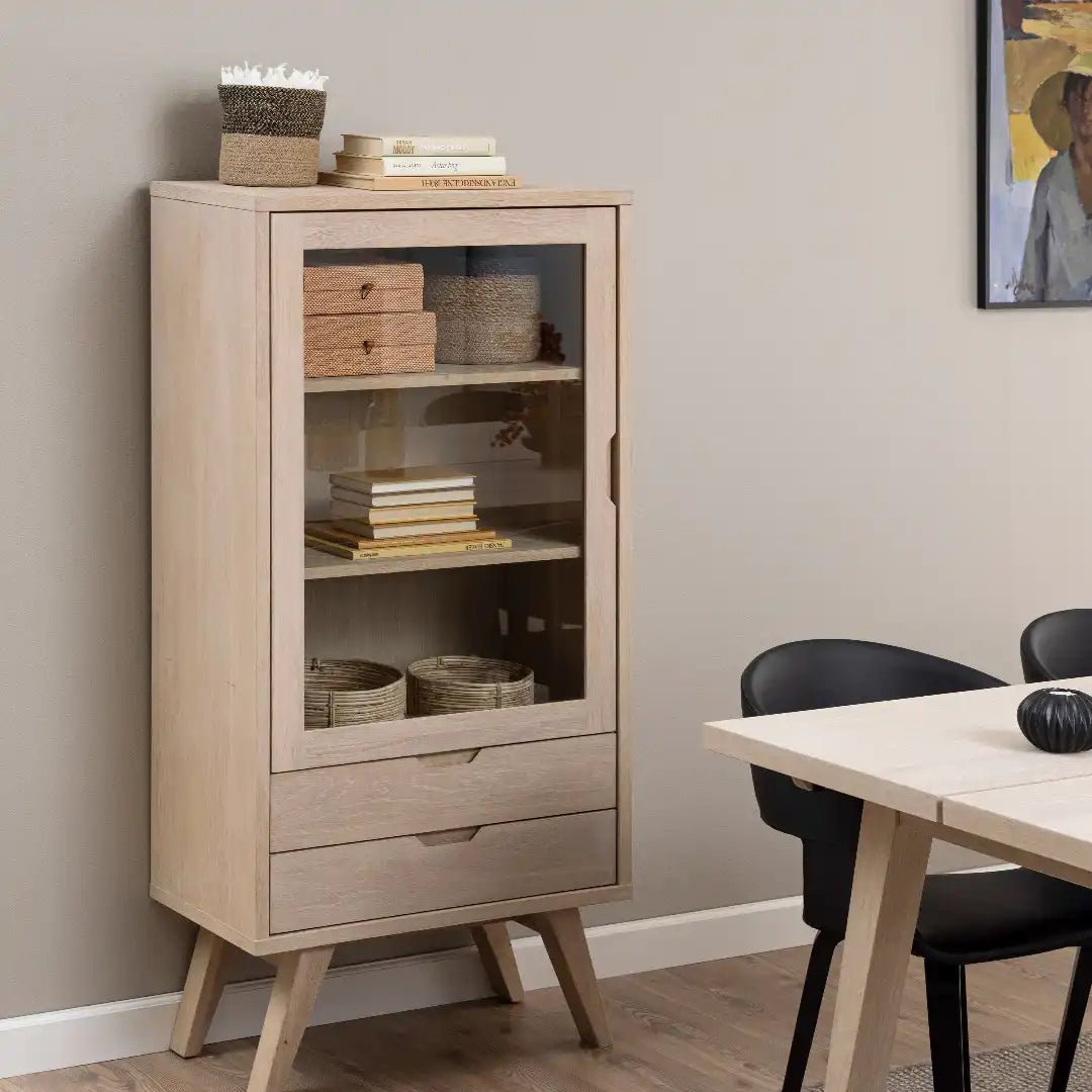 A - Line Display Cabinet with 2 Drawers and 2 Shelves in White Oak - Price Crash Furniture