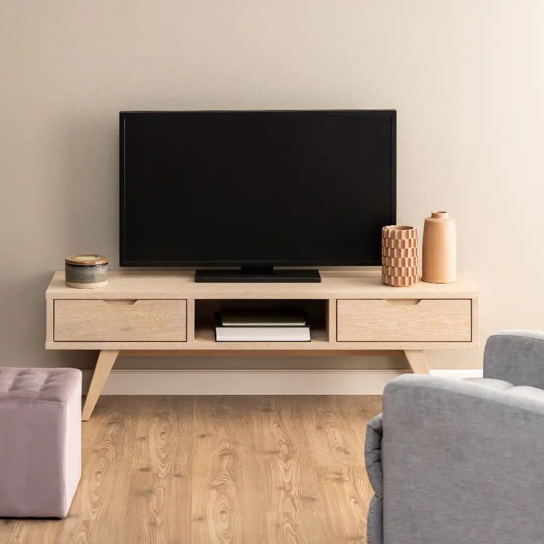 A - Line TV Unit with 2 Drawers in White Oak - Price Crash Furniture