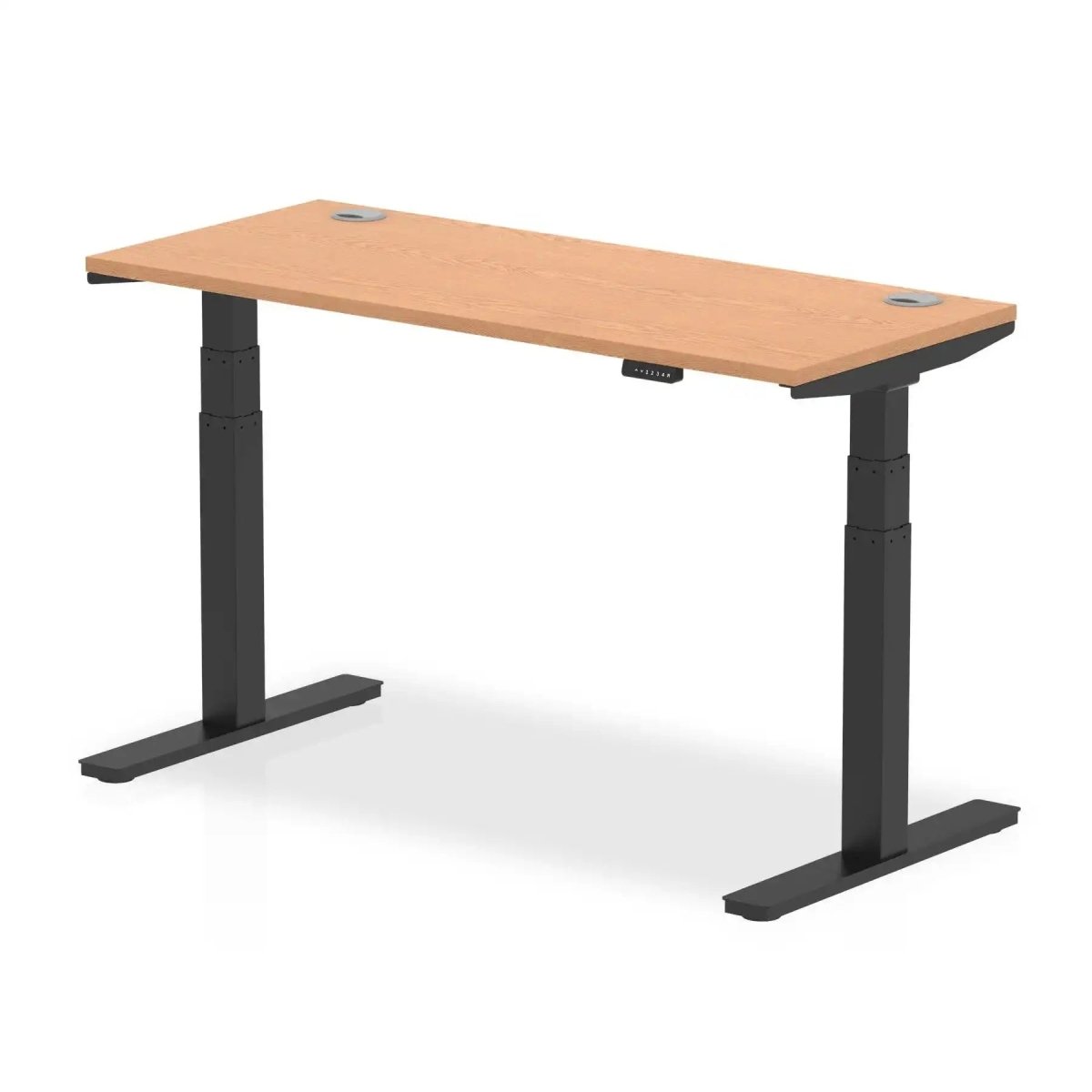 Air 600mm Height Adjustable Office Desk Oak Top Cable Ports Black Leg - Price Crash Furniture