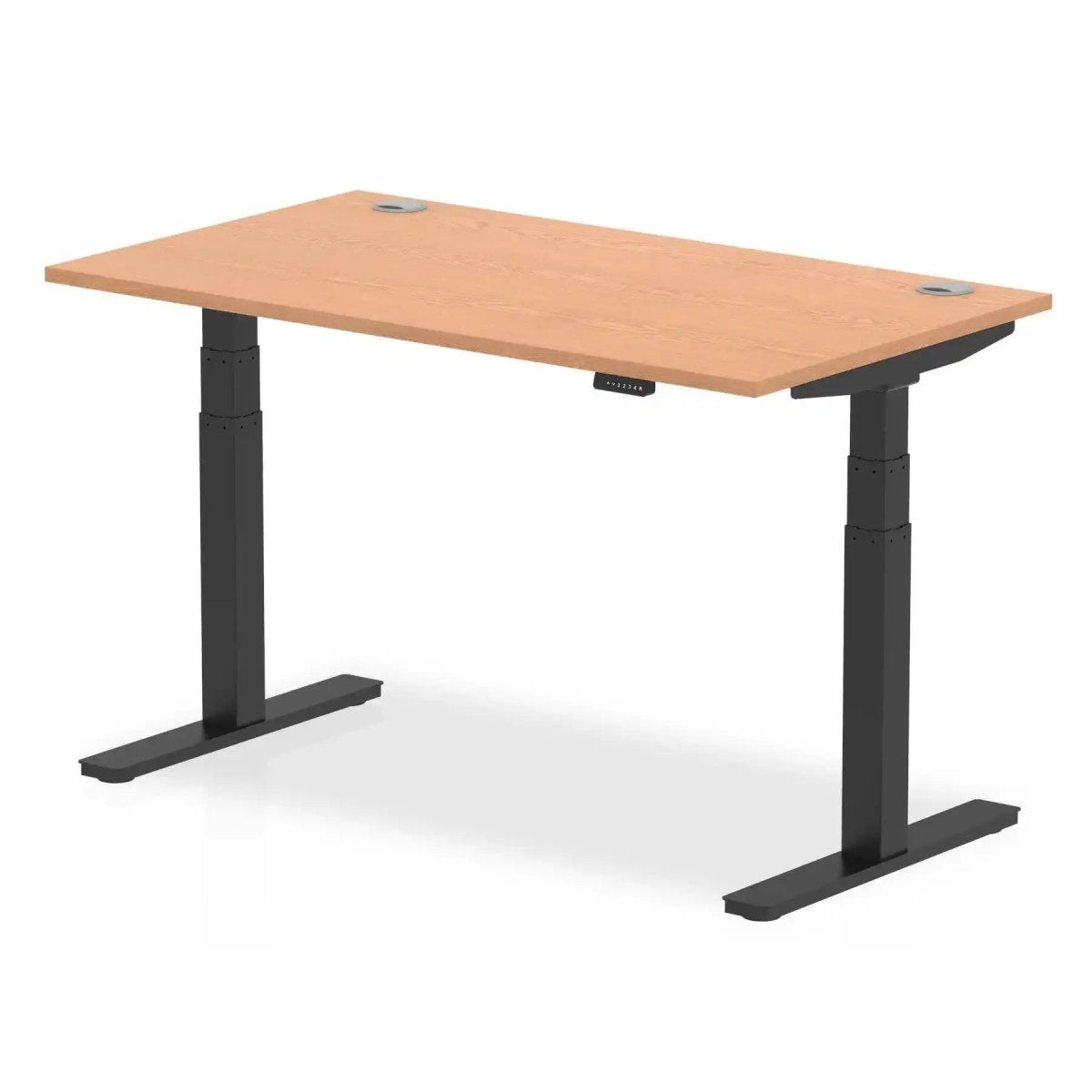 Air 800mm Height Adjustable Office Desk Oak Top Cable Ports Black Leg - Price Crash Furniture