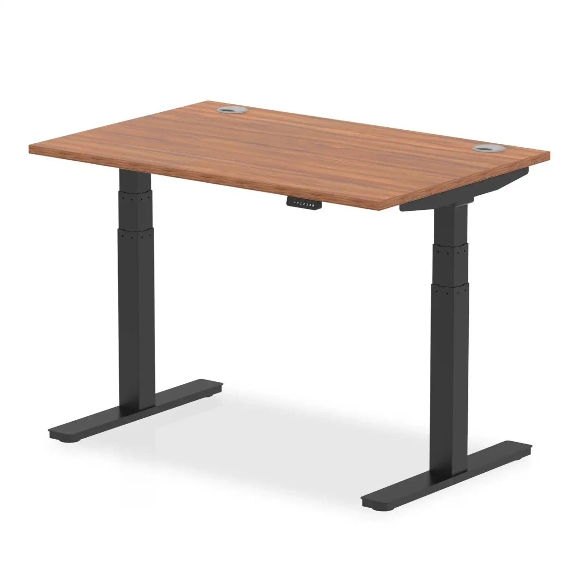 Air 800mm Height Adjustable Office Desk Walnut Top Cable Ports Black Leg - Price Crash Furniture