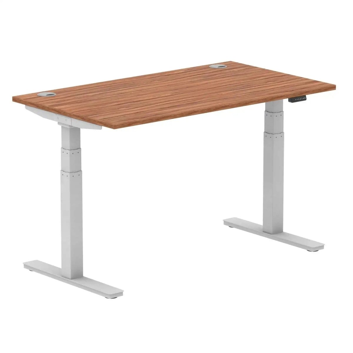 Air 800mm Height Adjustable Office Desk Walnut Top Cable Ports Silver Leg - Price Crash Furniture