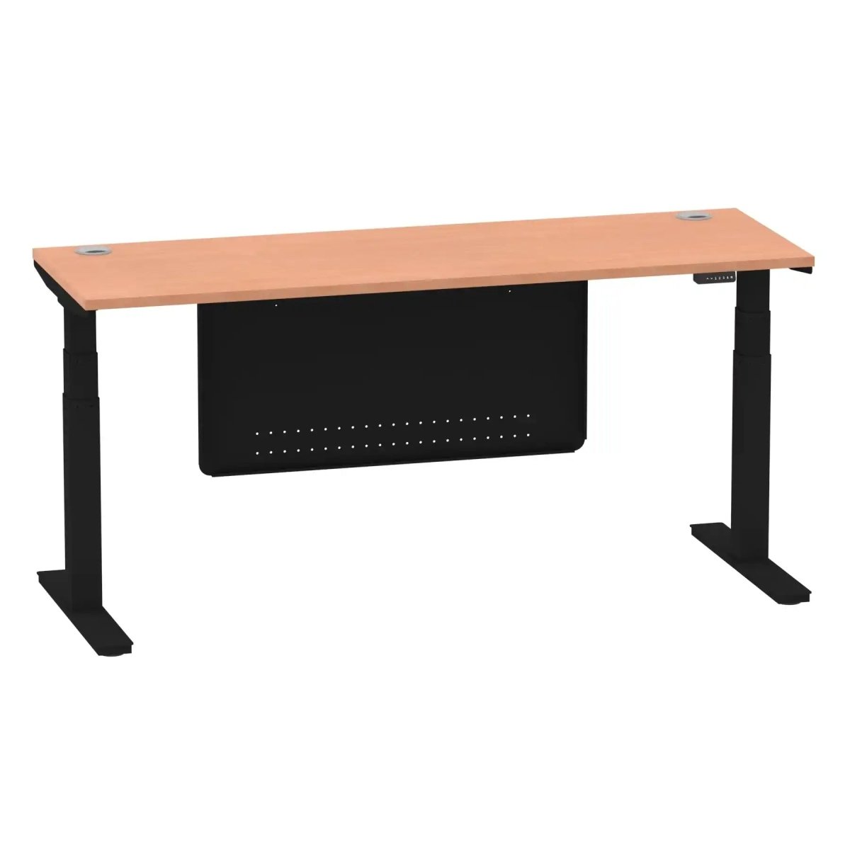 Air Modesty 600mm Height Adjustable Office Desk Beech Top Cable Ports Black Leg With Black Steel Modesty Panel - Price Crash Furniture