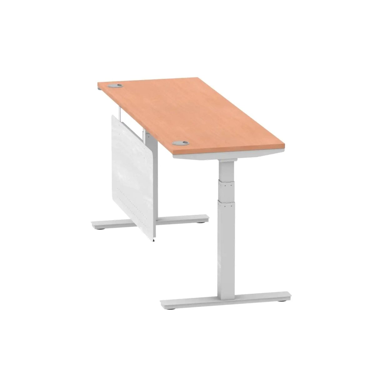 Air Modesty 600mm Height Adjustable Office Desk Beech Top Cable Ports Silver Leg With Silver Steel Modesty Panel - Price Crash Furniture