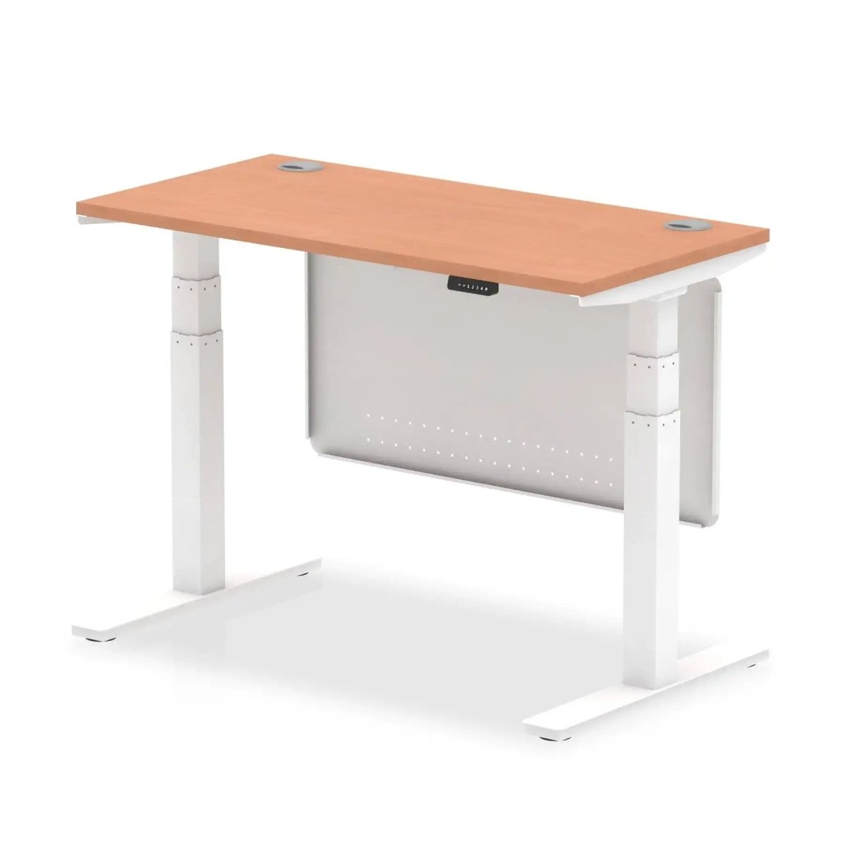 Air Modesty 600mm Height Adjustable Office Desk Beech Top Cable Ports White Leg With White Steel Modesty Panel - Price Crash Furniture