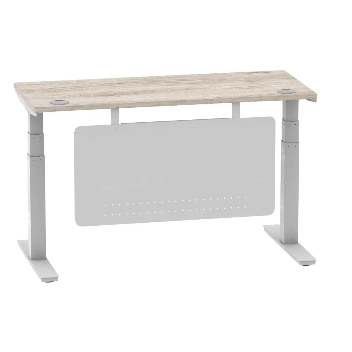 Air Modesty 600mm Height Adjustable Office Desk Grey Oak Top Cable Ports Silver Leg With Silver Steel Modesty Panel - Price Crash Furniture