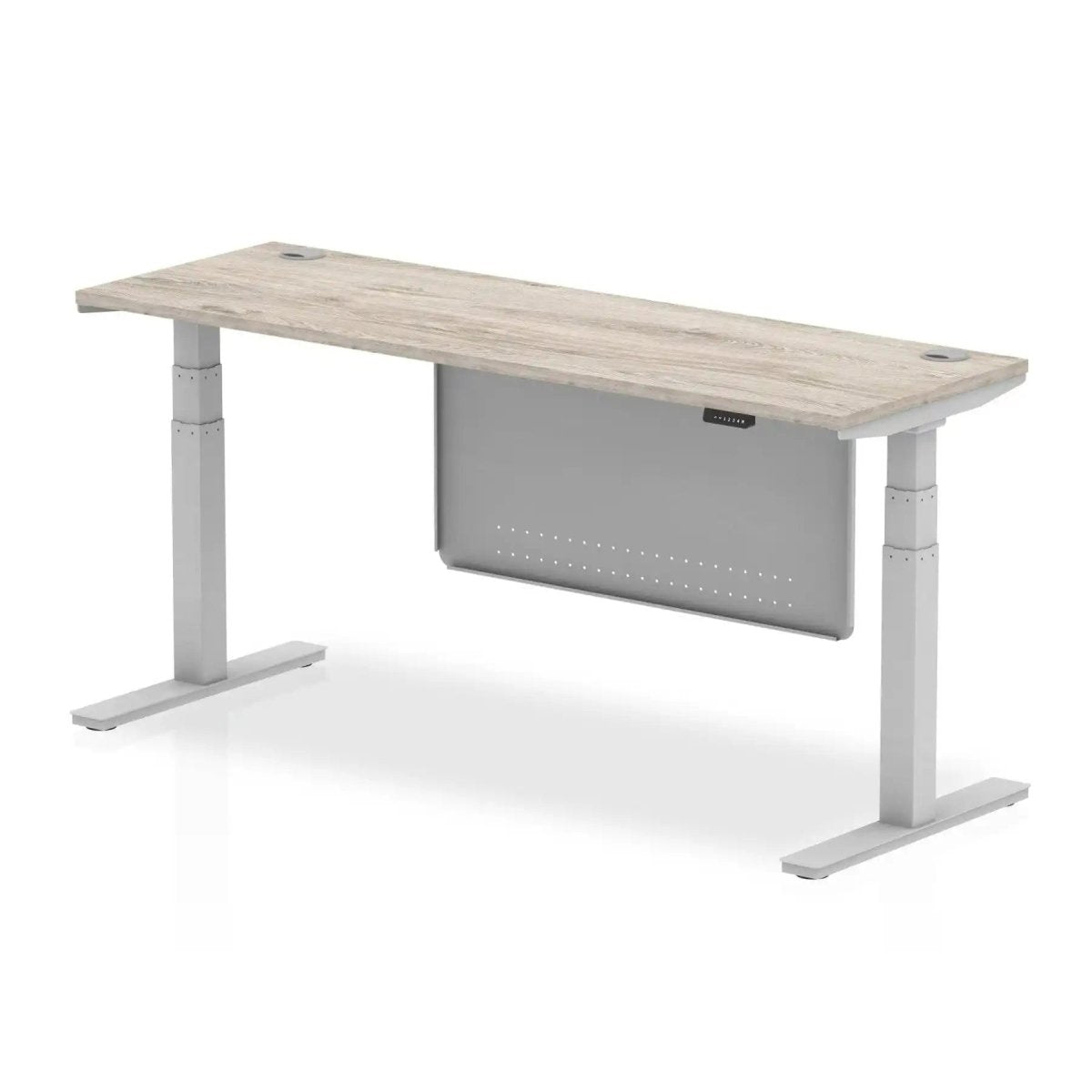 Air Modesty 600mm Height Adjustable Office Desk Grey Oak Top Cable Ports Silver Leg With Silver Steel Modesty Panel - Price Crash Furniture