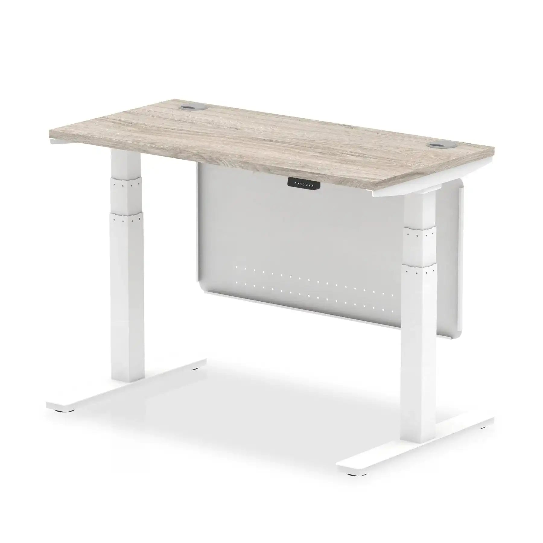 Air Modesty 600mm Height Adjustable Office Desk Grey Oak Top Cable Ports White Leg With White Steel Modesty Panel - Price Crash Furniture