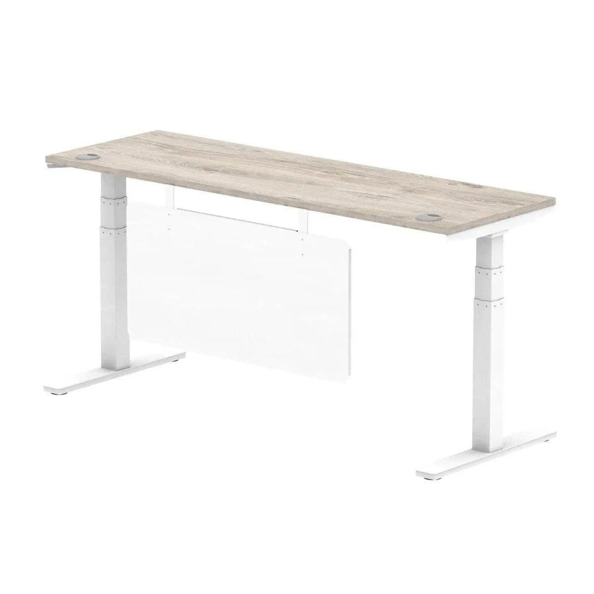 Air Modesty 600mm Height Adjustable Office Desk Grey Oak Top Cable Ports White Leg With White Steel Modesty Panel - Price Crash Furniture