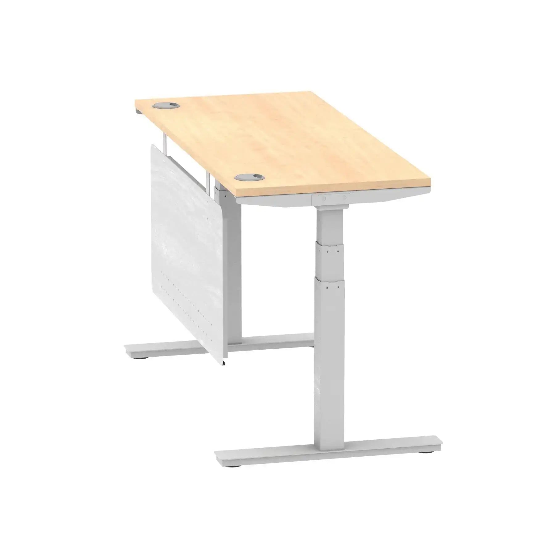 Air Modesty 600mm Height Adjustable Office Desk Maple Top Cable Ports Silver Leg With Silver Steel Modesty Panel - Price Crash Furniture