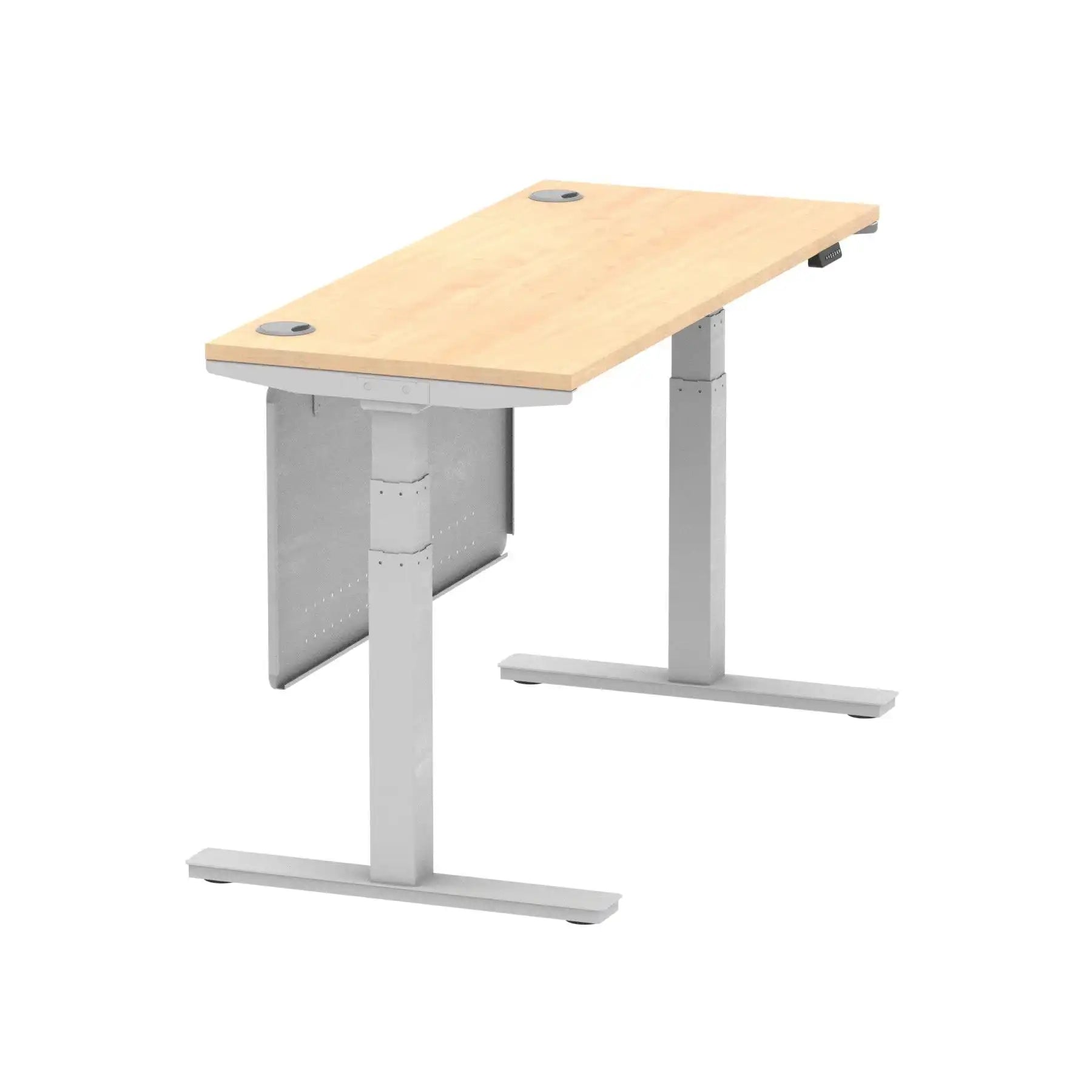 Air Modesty 600mm Height Adjustable Office Desk Maple Top Cable Ports Silver Leg With Silver Steel Modesty Panel - Price Crash Furniture