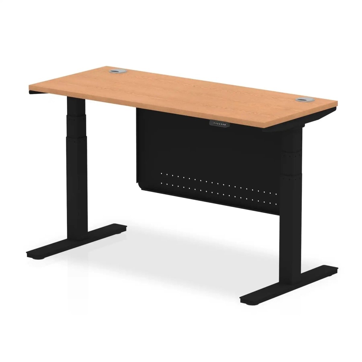 Air Modesty 600mm Height Adjustable Office Desk Oak Top Cable Ports Black Leg With Black Steel Modesty Panel - Price Crash Furniture