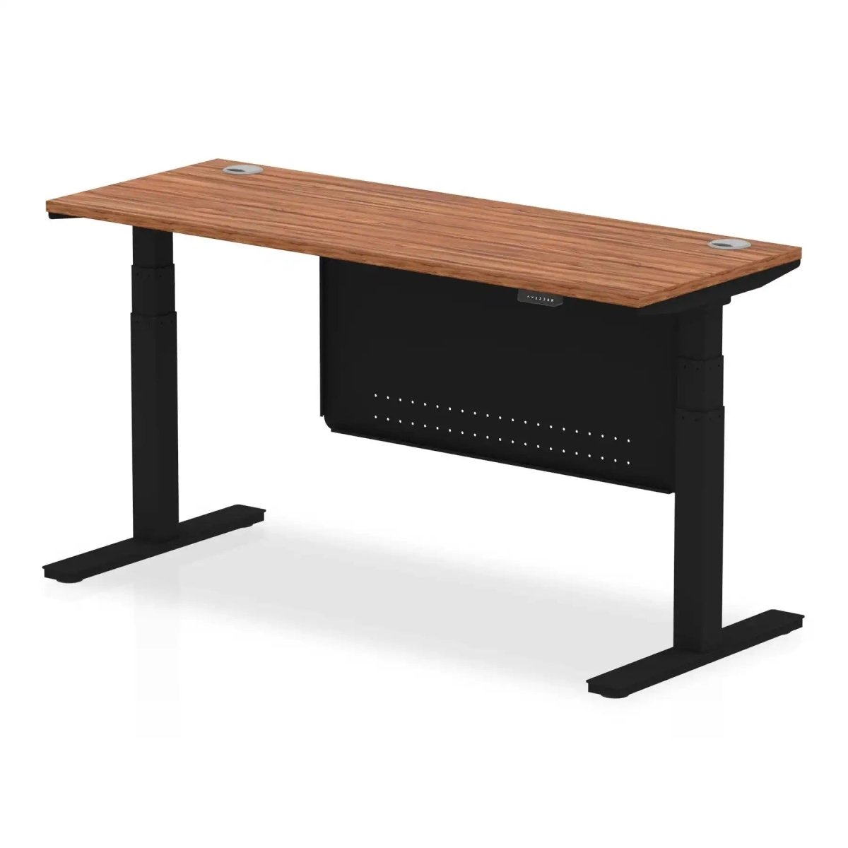 Air Modesty 600mm Height Adjustable Office Desk Walnut Top Cable Ports Black Leg With Black Steel Modesty Panel - Price Crash Furniture