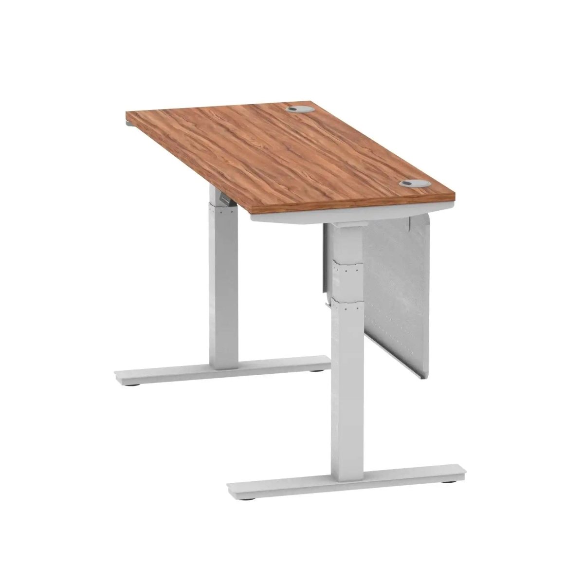 Air Modesty 600mm Height Adjustable Office Desk Walnut Top Cable Ports Silver Leg With Silver Steel Modesty Panel - Price Crash Furniture