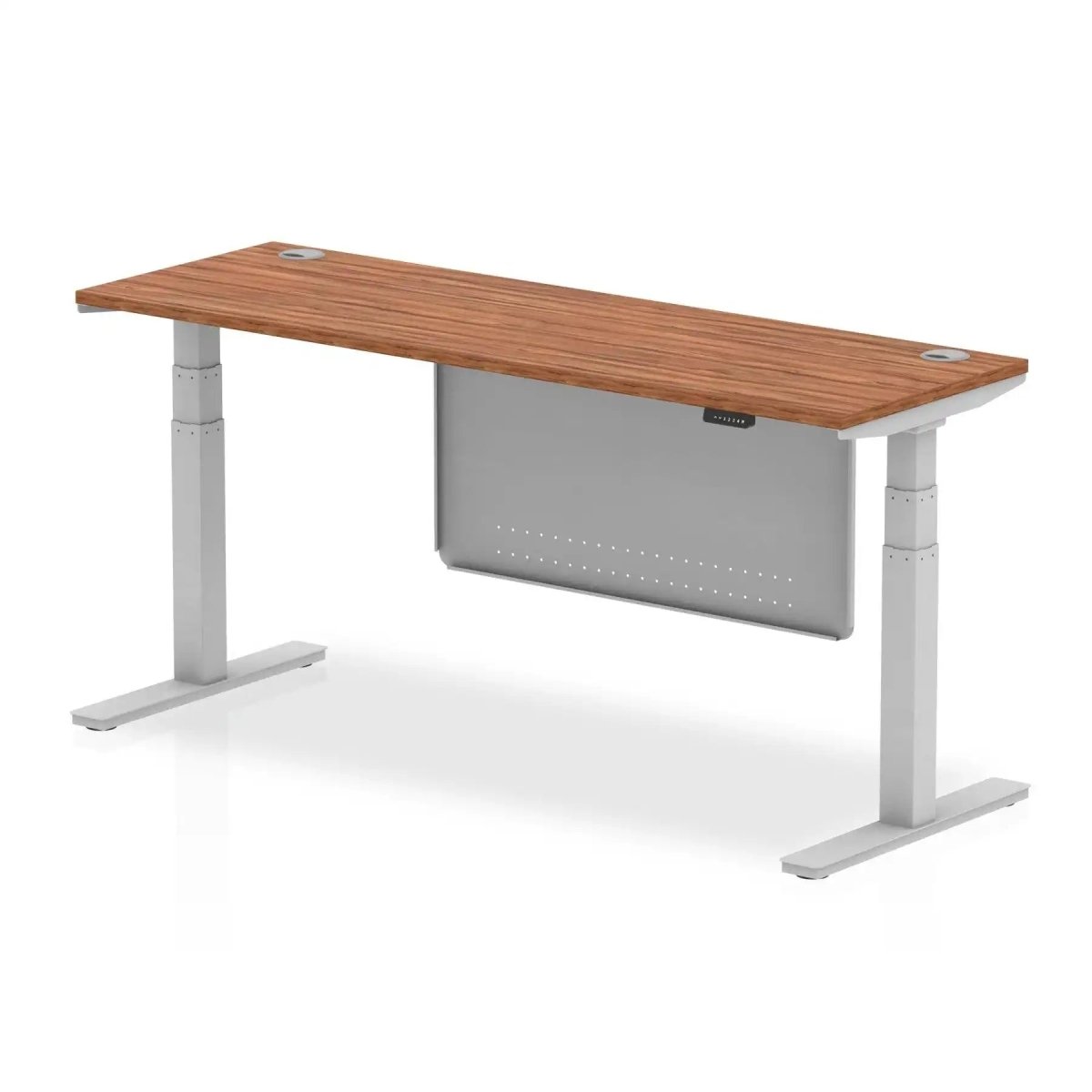 Air Modesty 600mm Height Adjustable Office Desk Walnut Top Cable Ports Silver Leg With Silver Steel Modesty Panel - Price Crash Furniture