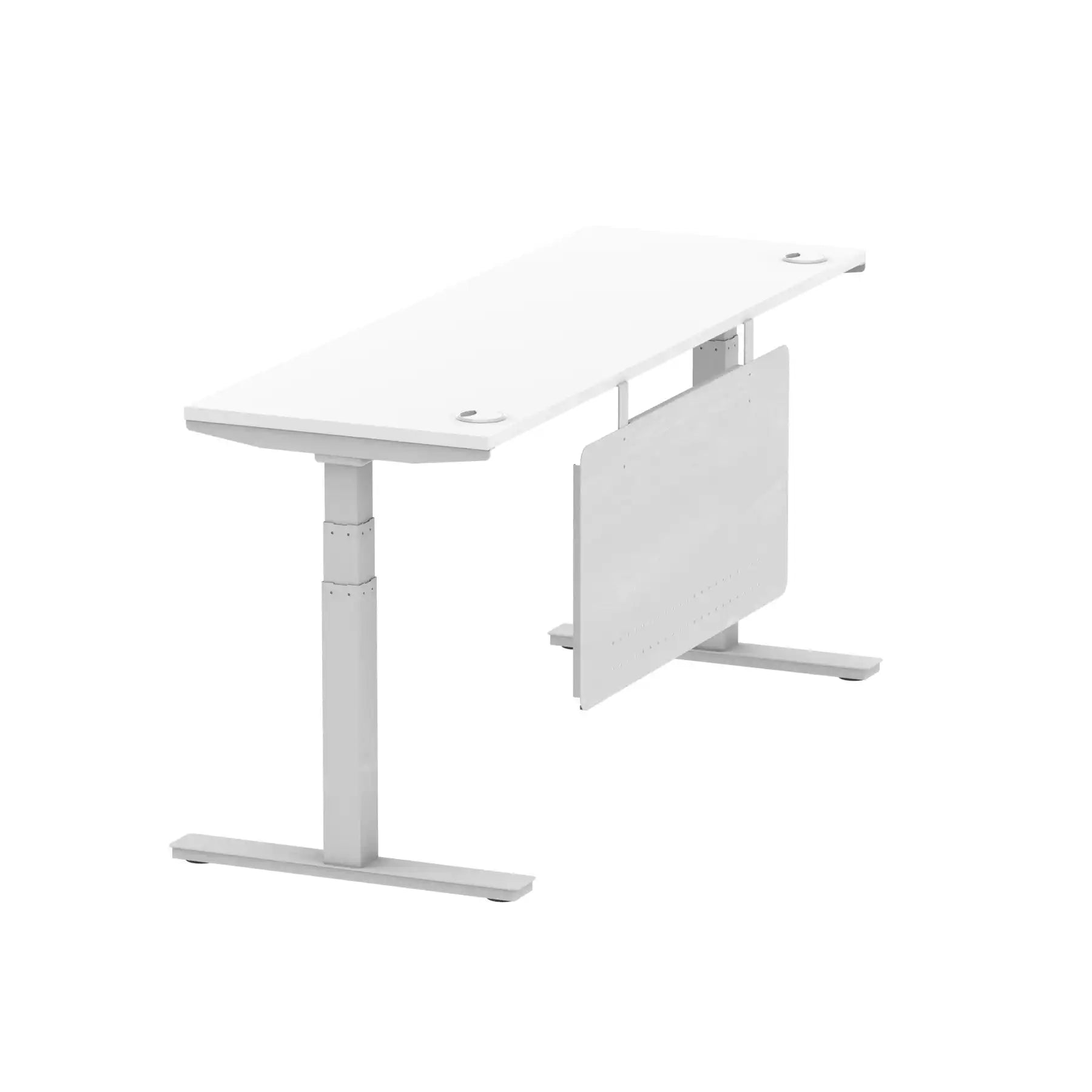Air Modesty 600mm Height Adjustable Office Desk White Top Cable Ports Silver Leg With Silver Steel Modesty Panel - Price Crash Furniture