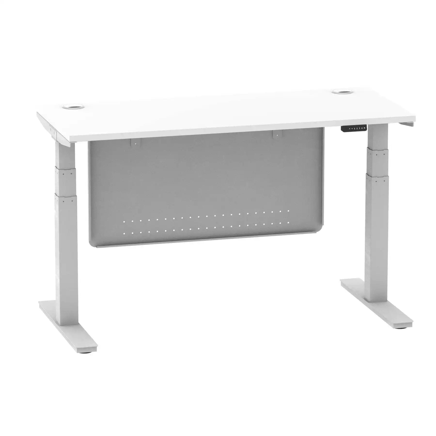 Air Modesty 600mm Height Adjustable Office Desk White Top Cable Ports Silver Leg With Silver Steel Modesty Panel - Price Crash Furniture