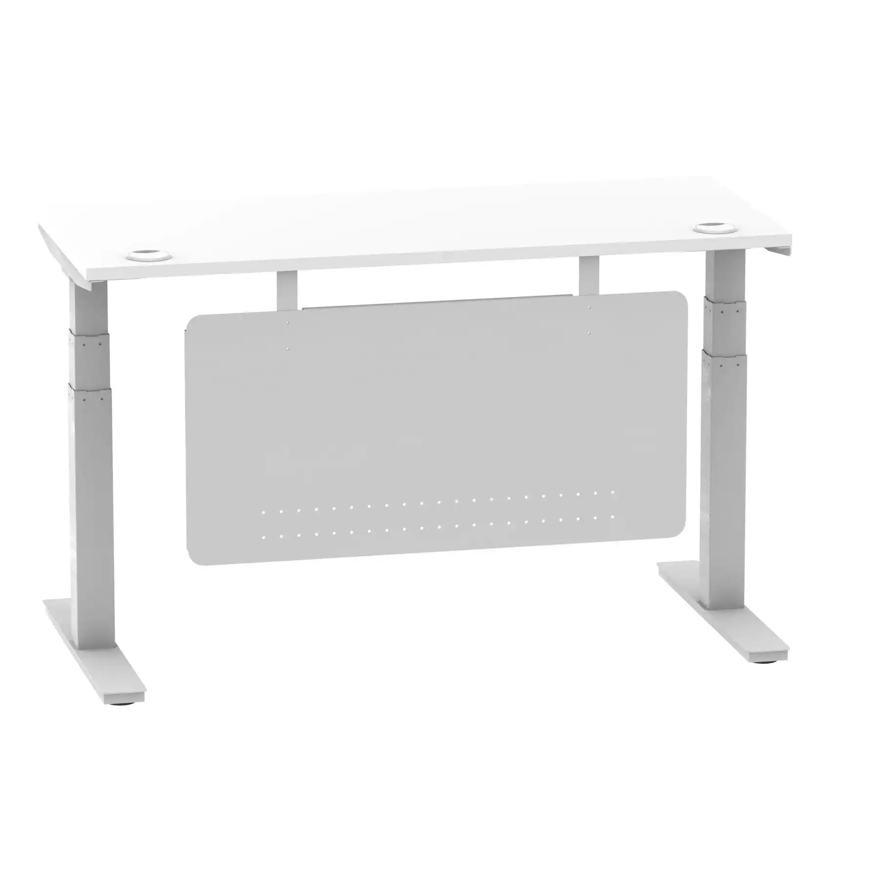 Air Modesty 600mm Height Adjustable Office Desk White Top Cable Ports Silver Leg With Silver Steel Modesty Panel - Price Crash Furniture