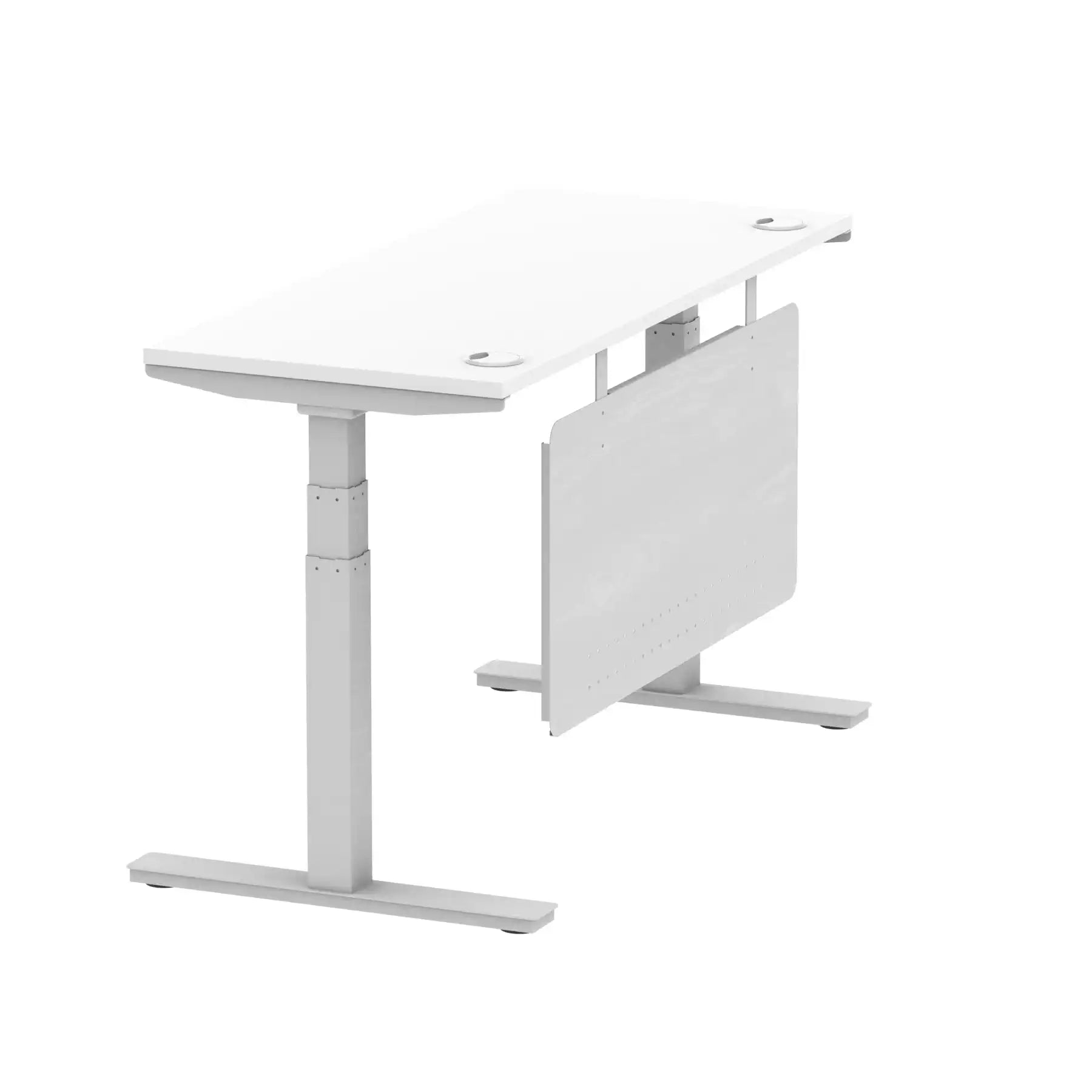 Air Modesty 600mm Height Adjustable Office Desk White Top Cable Ports Silver Leg With Silver Steel Modesty Panel - Price Crash Furniture