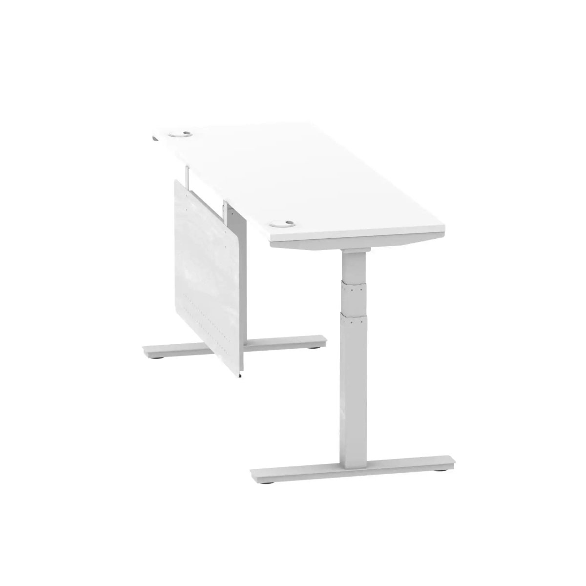Air Modesty 600mm Height Adjustable Office Desk White Top Cable Ports Silver Leg With Silver Steel Modesty Panel - Price Crash Furniture