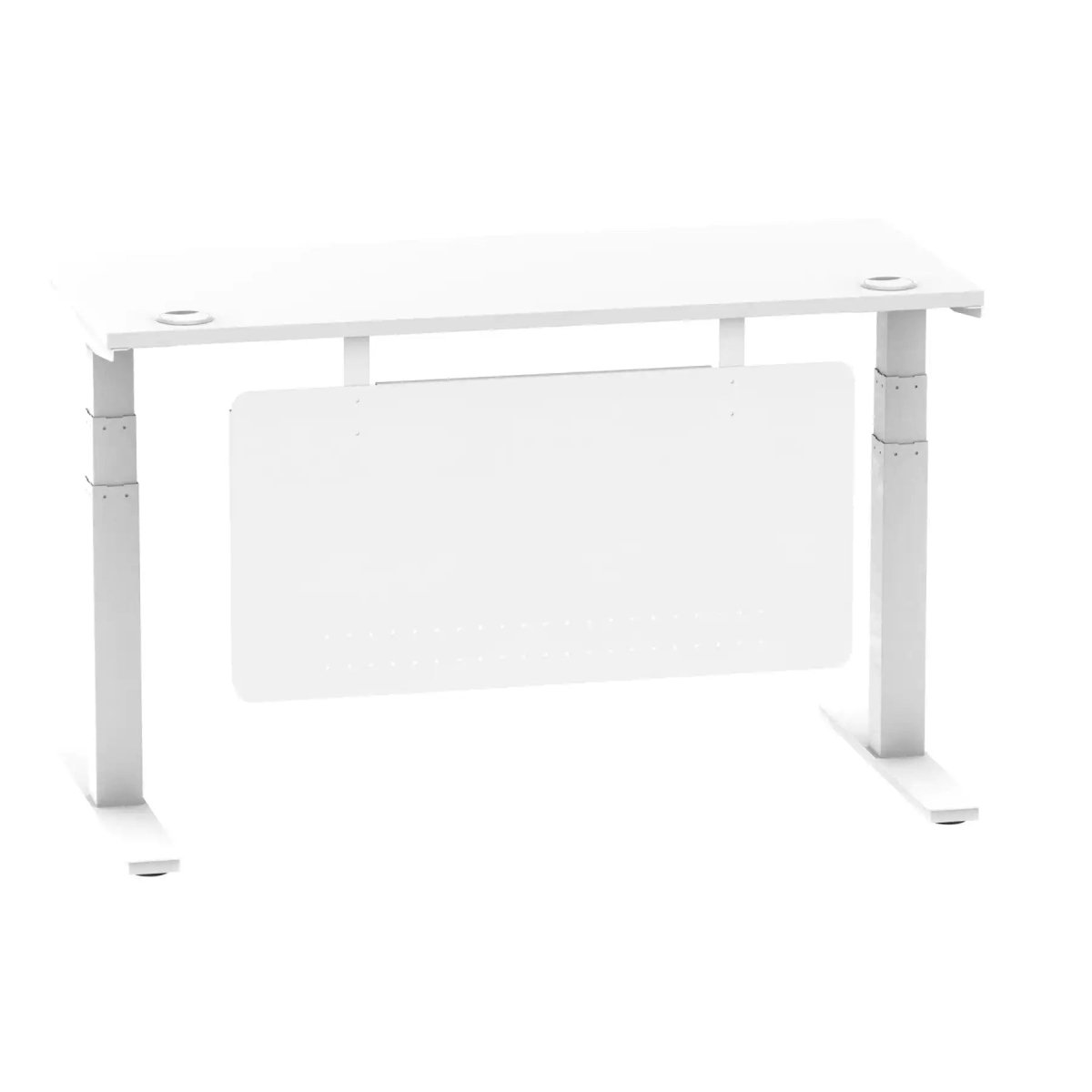 Air Modesty 600mm Height Adjustable Office Desk White Top Cable Ports White Leg With White Steel Modesty Panel - Price Crash Furniture