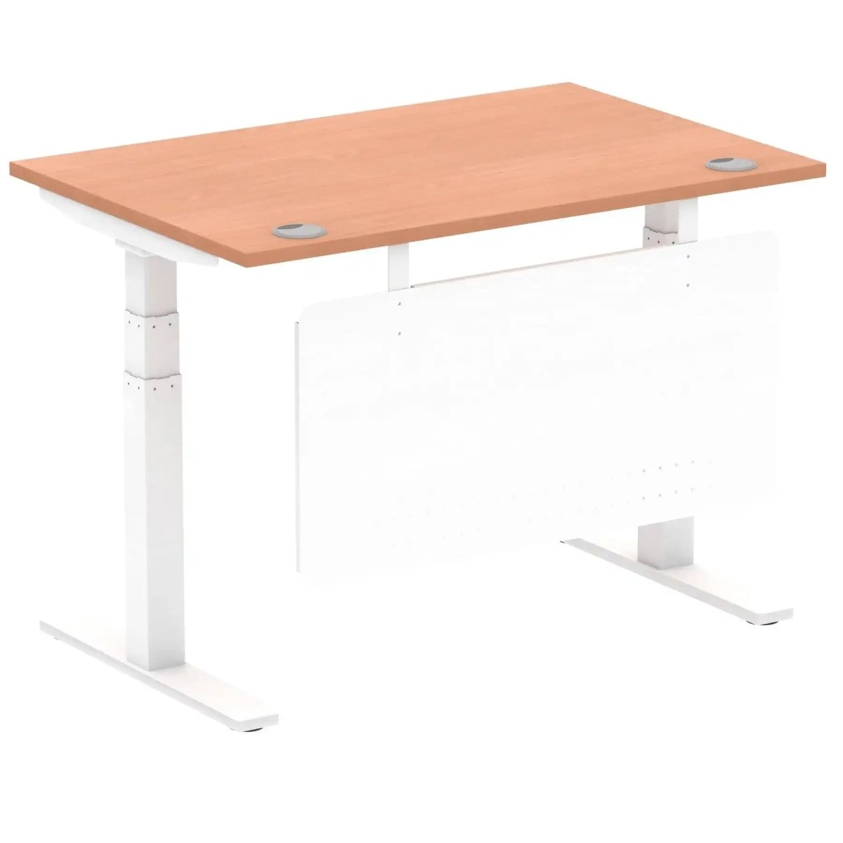 Air Modesty 800mm Height Adjustable Office Desk Beech Top Cable Ports White Leg With White Steel Modesty Panel - Price Crash Furniture