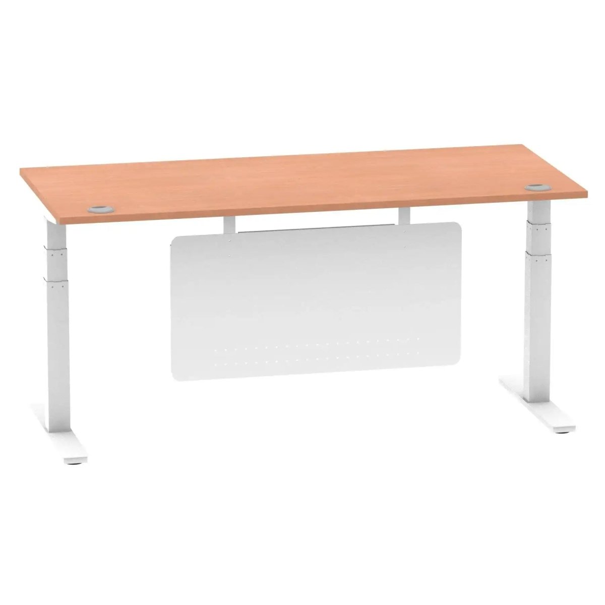 Air Modesty 800mm Height Adjustable Office Desk Beech Top Cable Ports White Leg With White Steel Modesty Panel - Price Crash Furniture