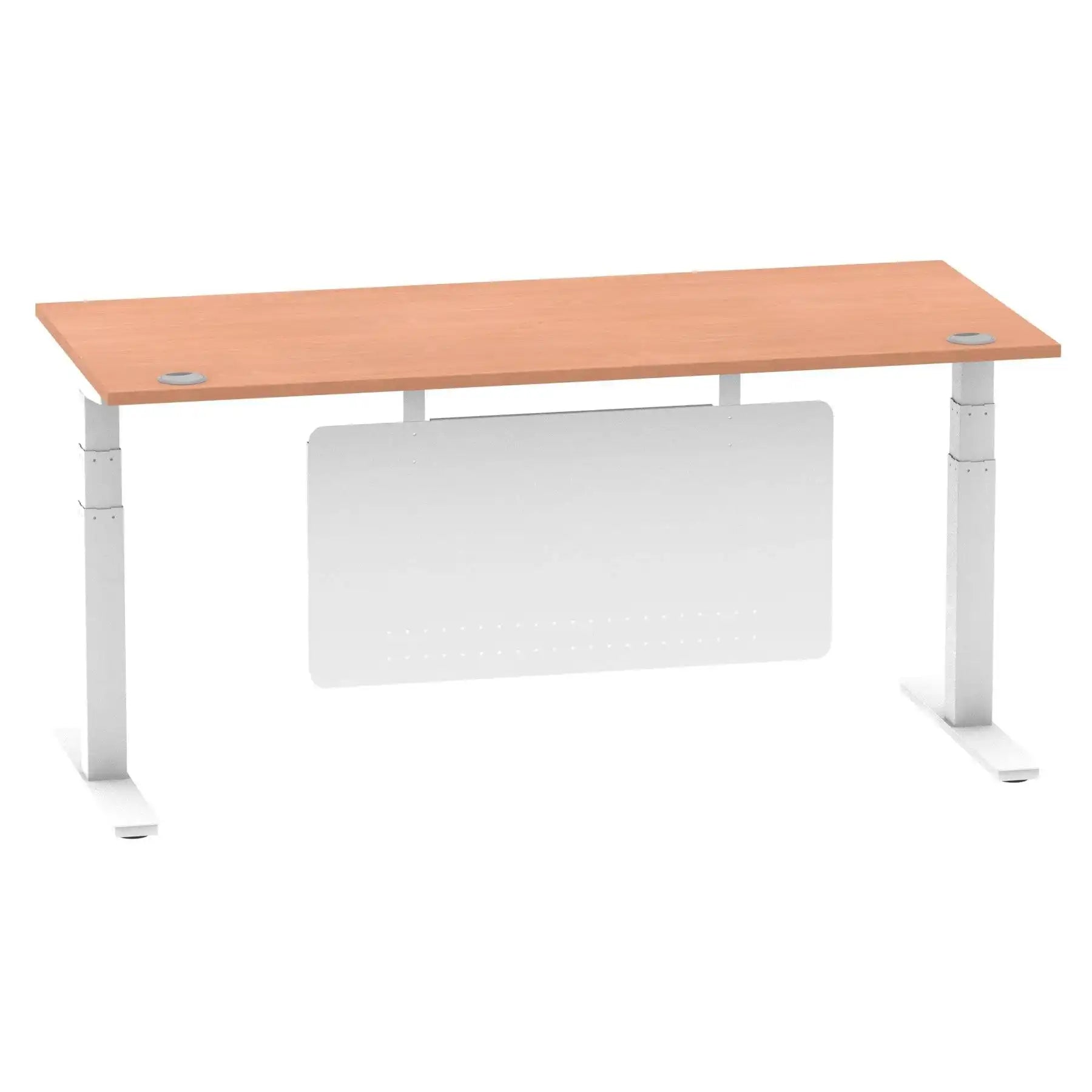 Air Modesty 800mm Height Adjustable Office Desk Beech Top Cable Ports White Leg With White Steel Modesty Panel - Price Crash Furniture