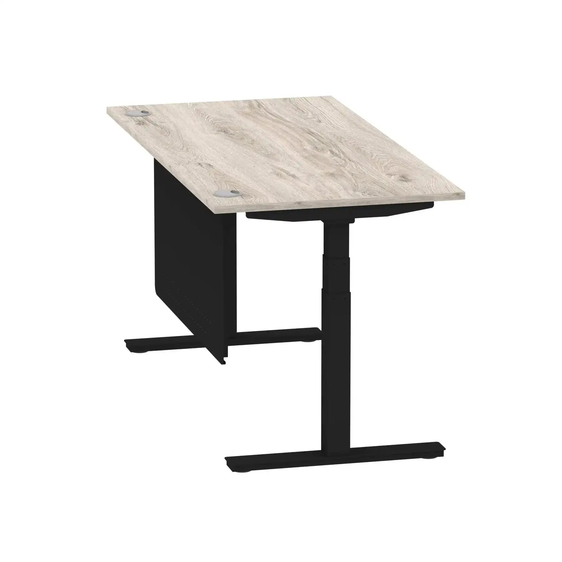 Air Modesty 800mm Height Adjustable Office Desk Grey Oak Top Cable Ports Black Leg With Black Steel Modesty Panel - Price Crash Furniture