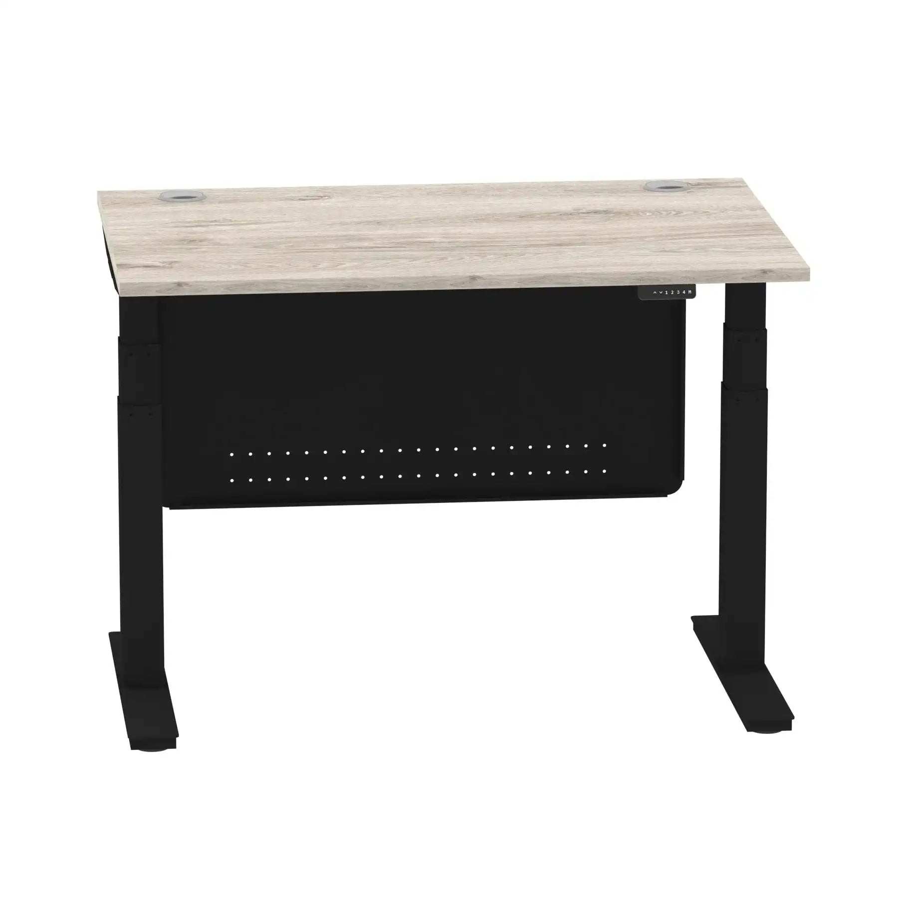 Air Modesty 800mm Height Adjustable Office Desk Grey Oak Top Cable Ports Black Leg With Black Steel Modesty Panel - Price Crash Furniture