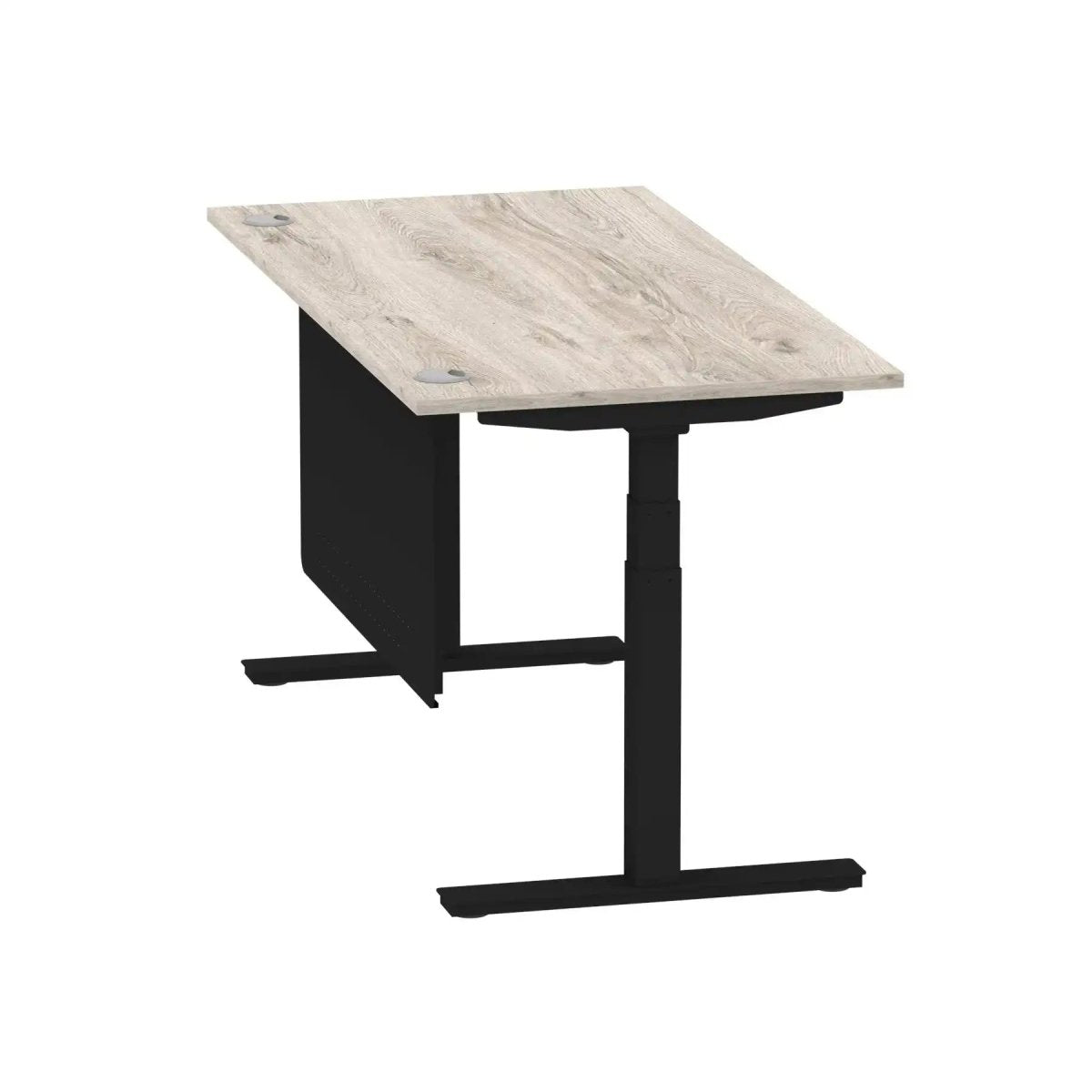 Air Modesty 800mm Height Adjustable Office Desk Grey Oak Top Cable Ports Black Leg With Black Steel Modesty Panel - Price Crash Furniture