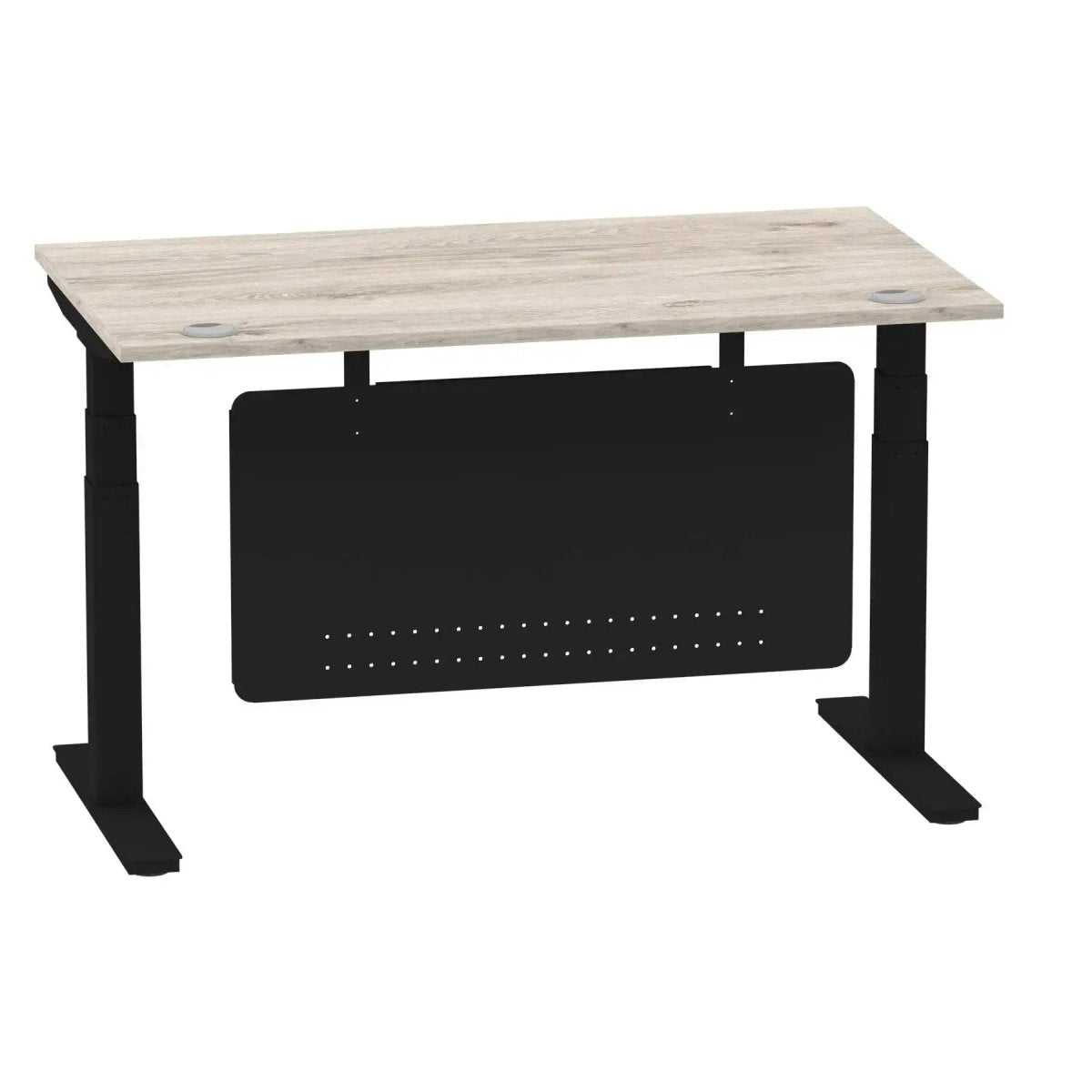 Air Modesty 800mm Height Adjustable Office Desk Grey Oak Top Cable Ports Black Leg With Black Steel Modesty Panel - Price Crash Furniture