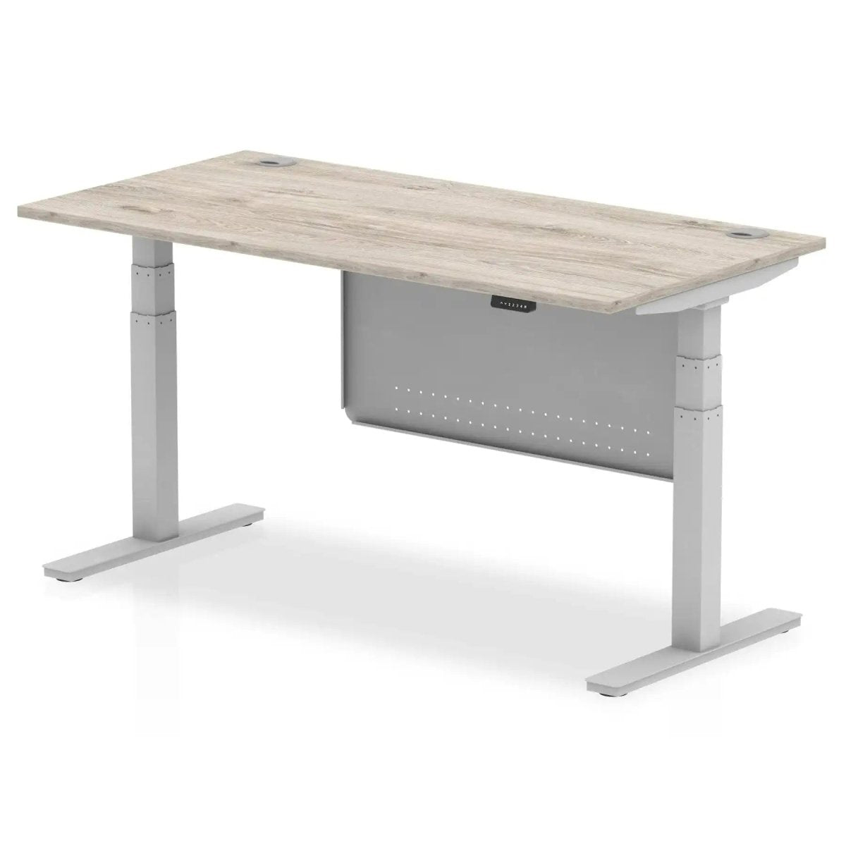 Air Modesty 800mm Height Adjustable Office Desk Grey Oak Top Cable Ports Silver Leg With Silver Steel Modesty Panel - Price Crash Furniture