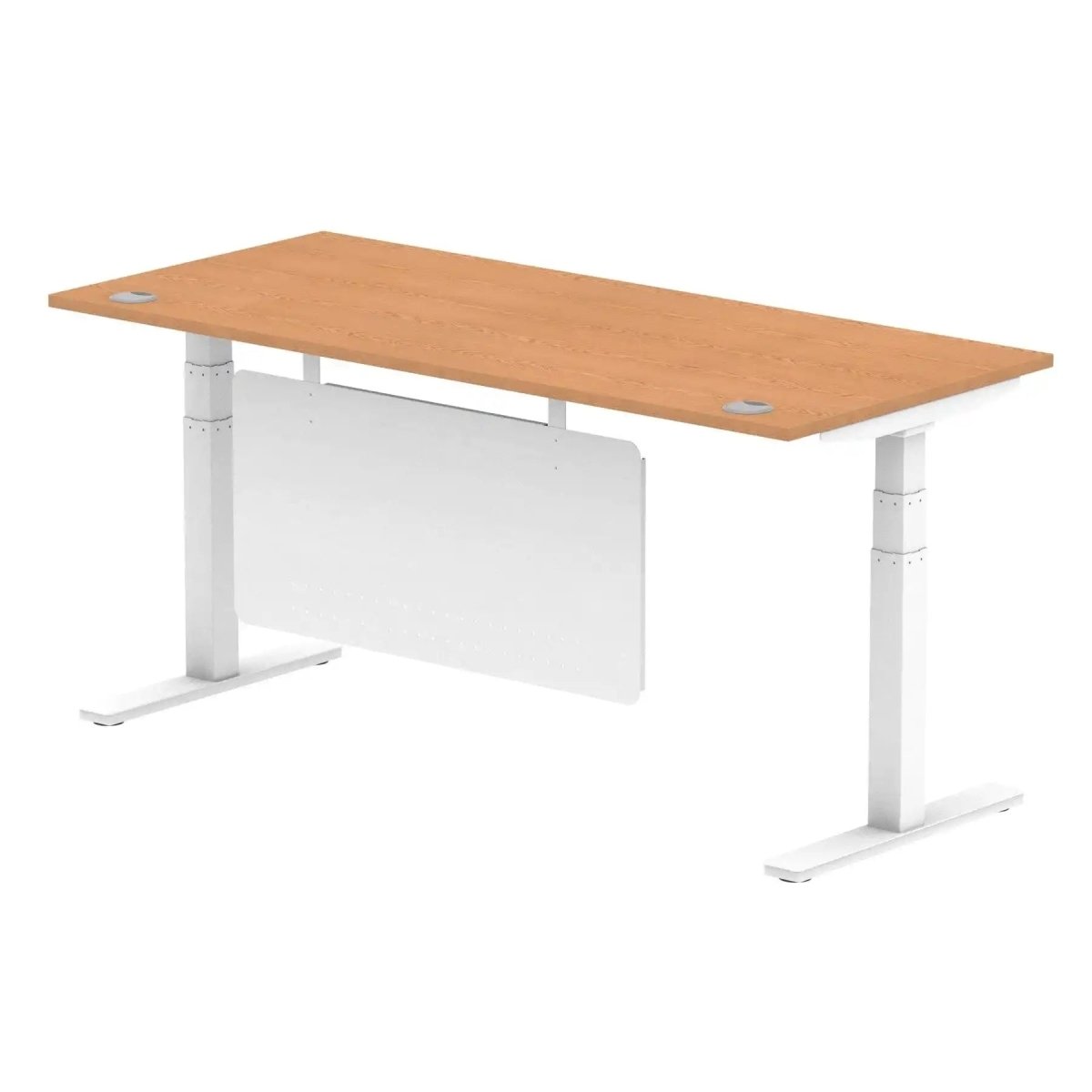 Air Modesty 800mm Height Adjustable Office Desk Oak Top Cable Ports White Leg With White Steel Modesty Panel - Price Crash Furniture
