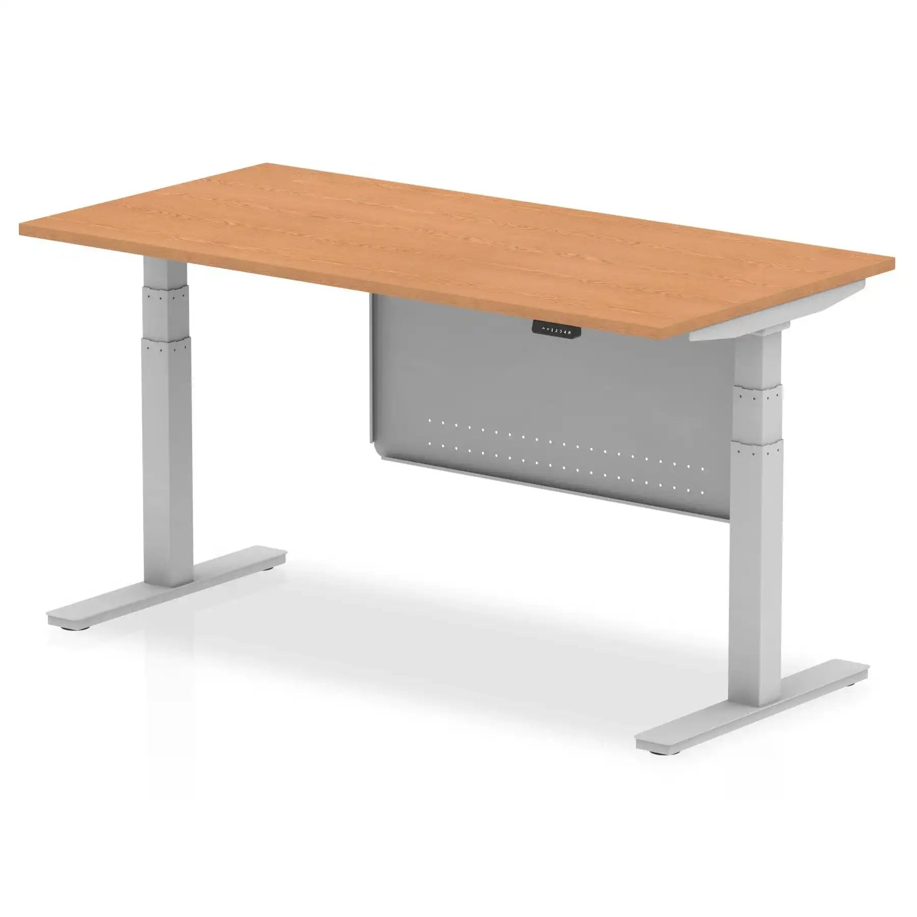 Air Modesty 800mm Height Adjustable Office Desk Oak Top Silver Leg With Silver Steel Modesty Panel - Price Crash Furniture