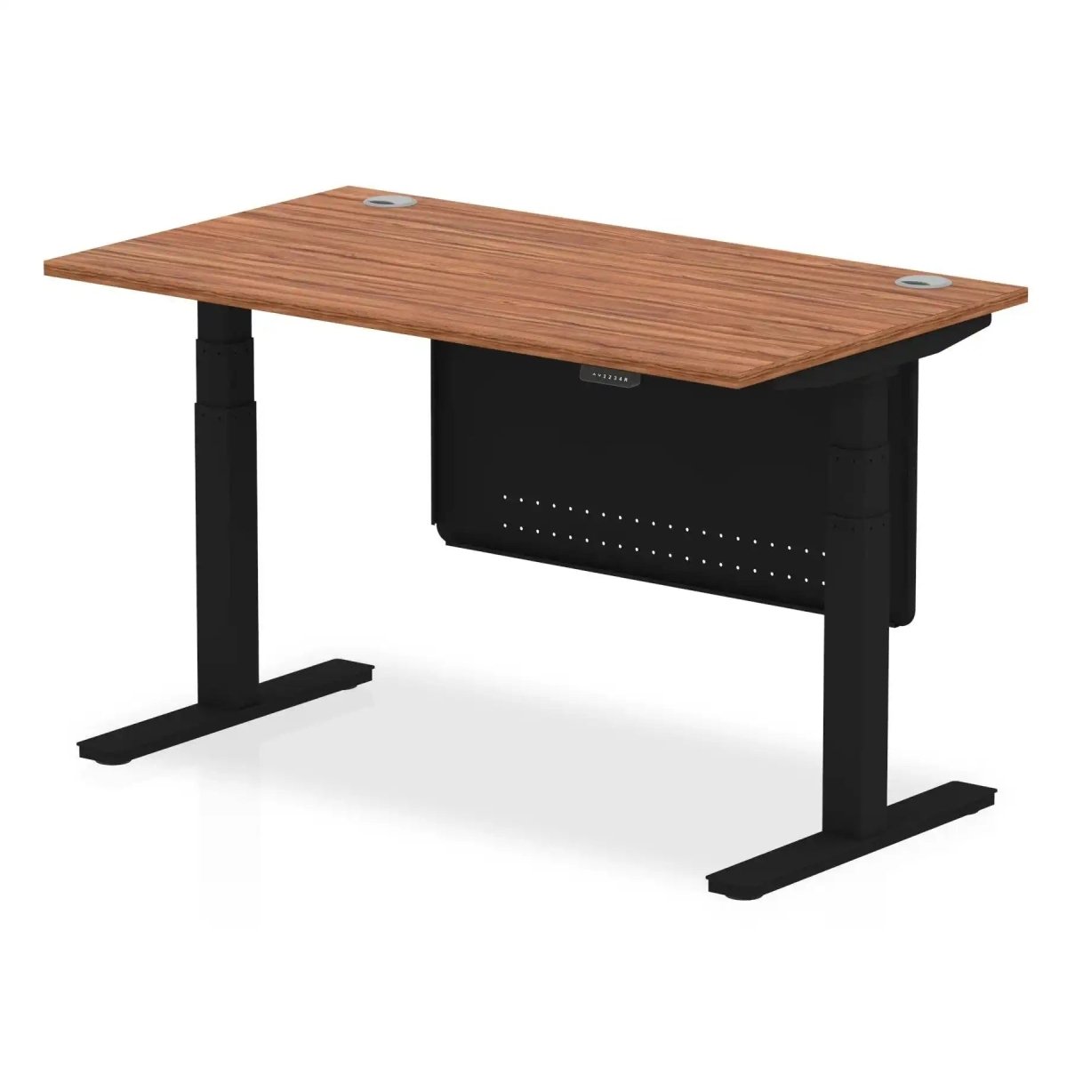 Air Modesty 800mm Height Adjustable Office Desk Walnut Top Cable Ports Black Leg With Black Steel Modesty Panel - Price Crash Furniture
