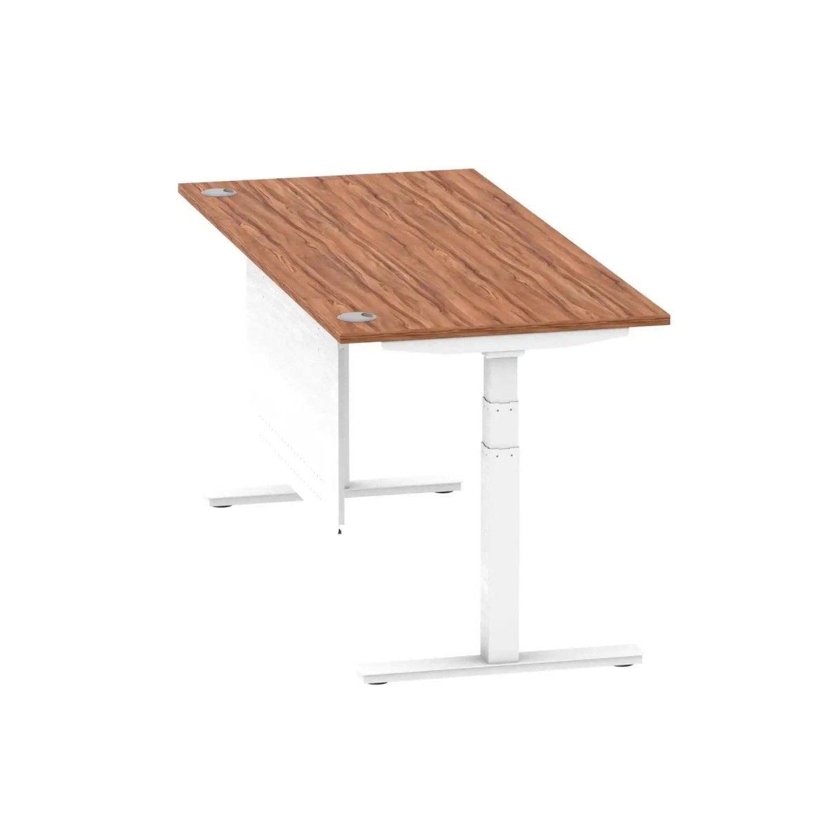 Air Modesty 800mm Height Adjustable Office Desk Walnut Top Cable Ports White Leg With White Steel Modesty Panel - Price Crash Furniture