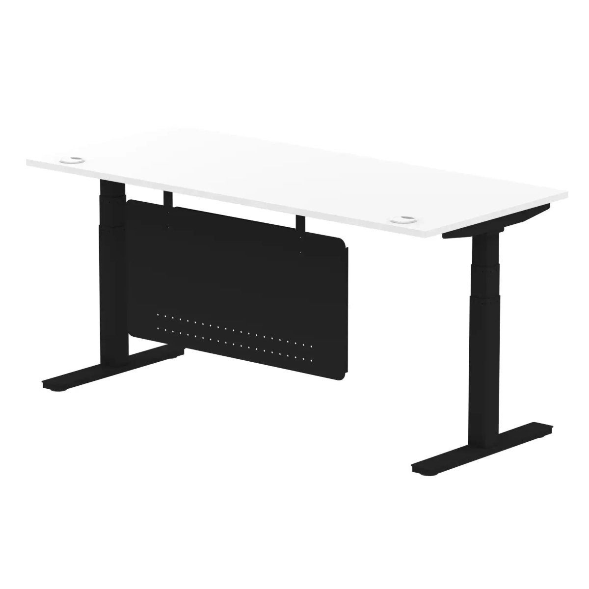 Air Modesty 800mm Height Adjustable Office Desk White Top Cable Ports Black Leg With Black Steel Modesty Panel - Price Crash Furniture