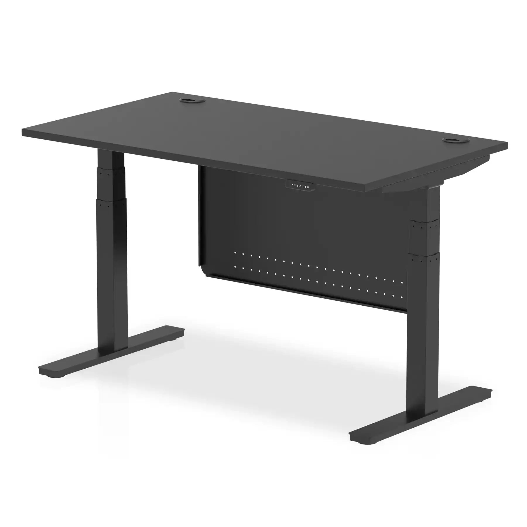 Air Modesty Black Series 800mm Height Adjustable Office Desk Black Top with Cable Ports Black Leg With Black Steel Modesty Panel - Price Crash Furniture