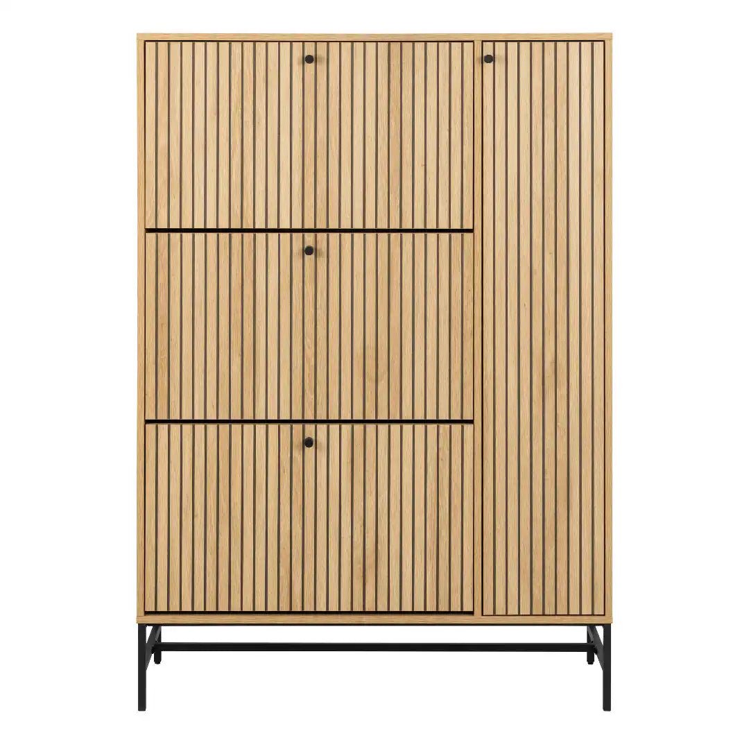 Albany Shoe Cabinet 3 Flip Down Doors 1 Pull Open Door in Oak/Black Legs - Price Crash Furniture