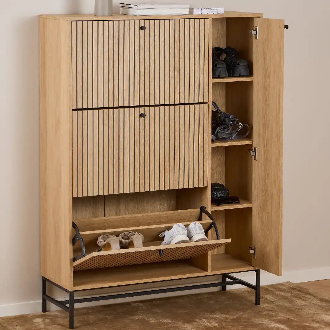Albany Shoe Cabinet 3 Flip Down Doors 1 Pull Open Door in Oak/Black Legs - Price Crash Furniture