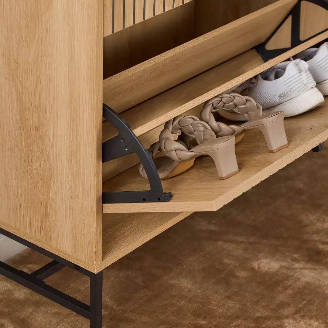 Albany Shoe Cabinet 3 Flip Down Doors 1 Pull Open Door in Oak/Black Legs - Price Crash Furniture