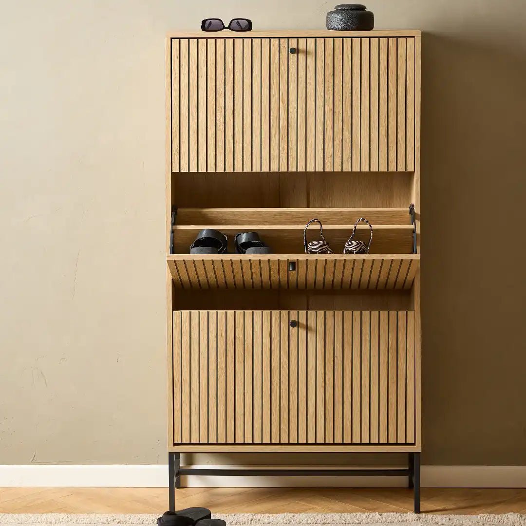 Albany Shoe Cabinet 3 Flip Down Doors in Oak/Black Legs - Price Crash Furniture