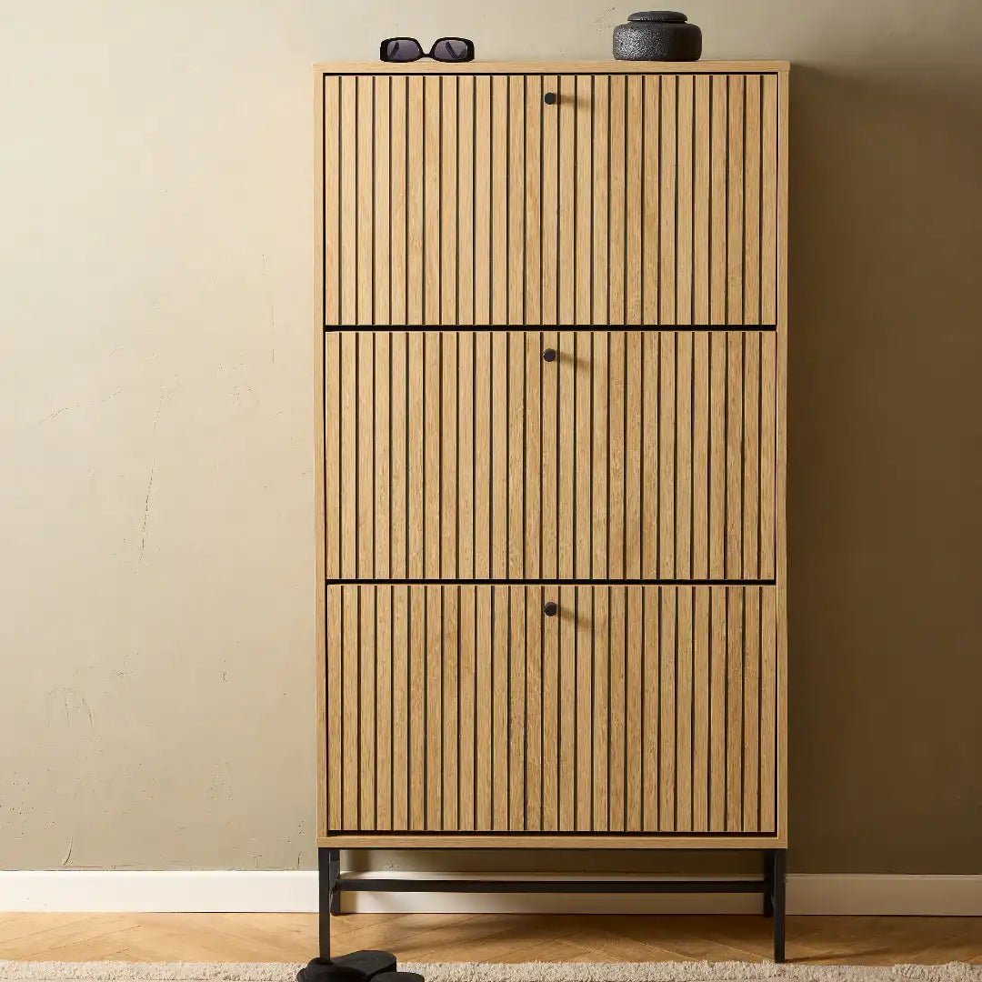 Albany Shoe Cabinet 3 Flip Down Doors in Oak/Black Legs - Price Crash Furniture